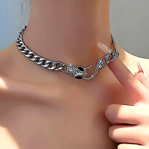 Silver Snake Hook Closure Zircon Choker - Picture 2 of 12